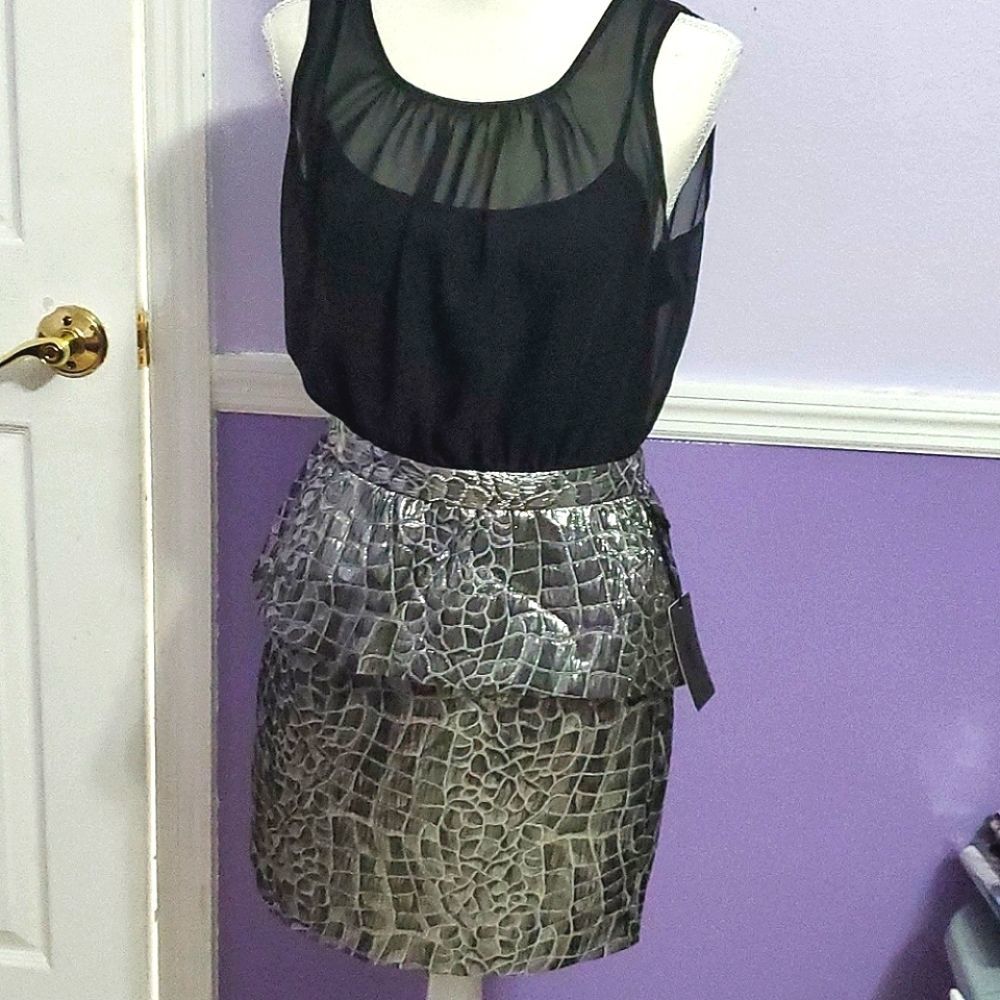 Forenza Black & Silver Croc Skin Pattern Peplum Party Evening Mini Dress 4
